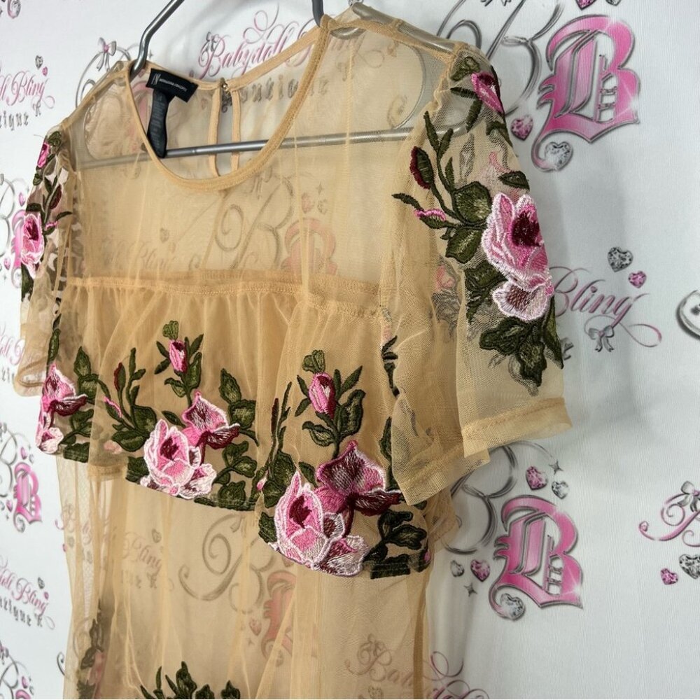 INC International Concepts Floral Sheer Blouse - Tan and Pink roses embroidered - Picture 4 of 6